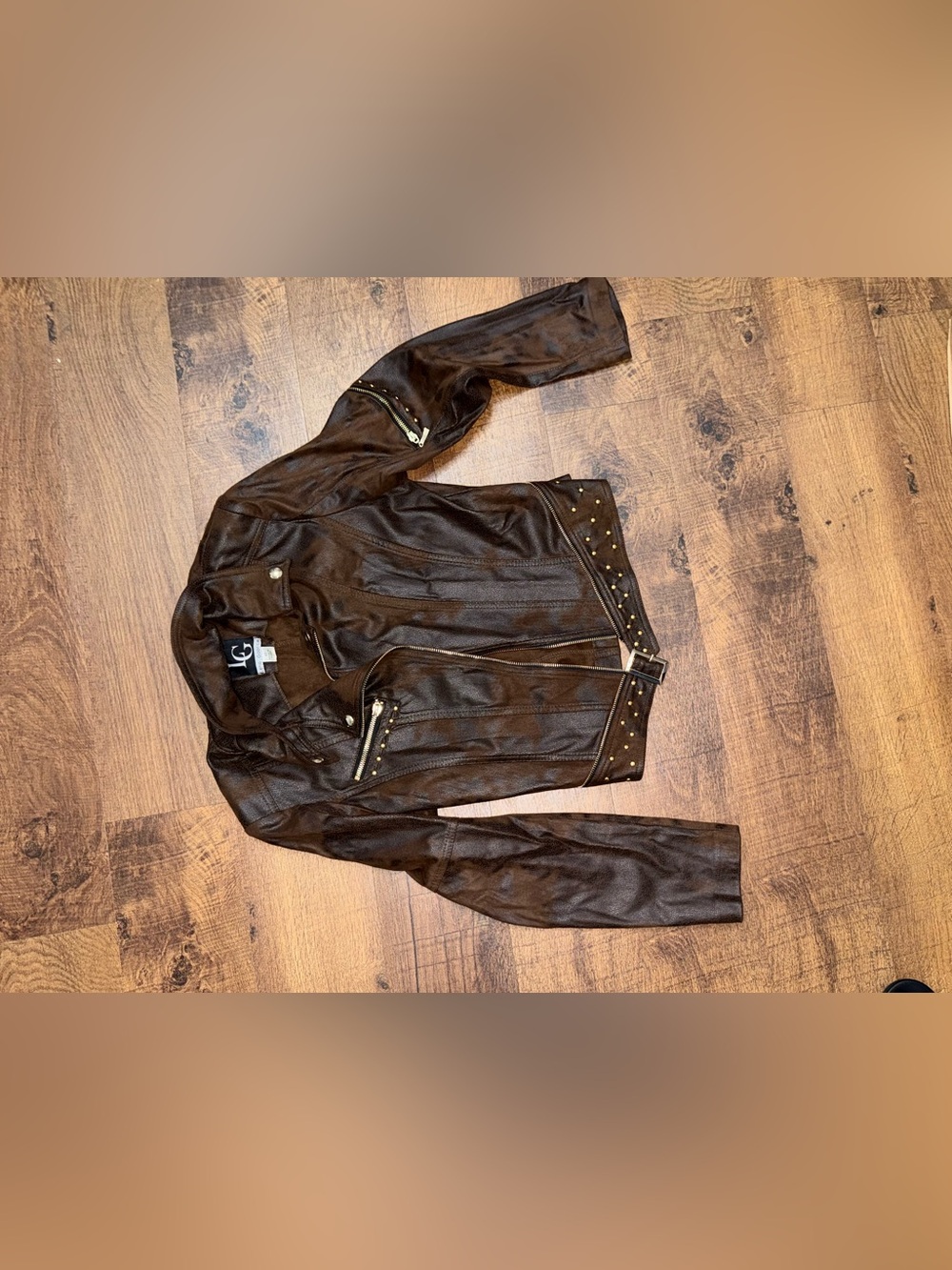 Lena Gabrielle Brown Faux Leather Jacket with Stud Accent